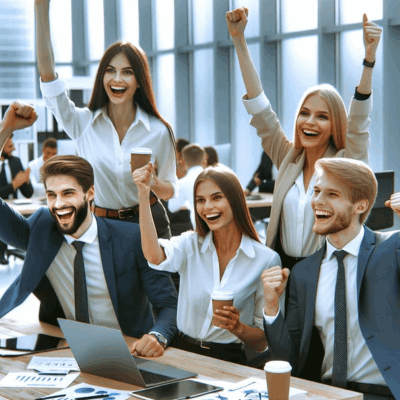 iverse group of business people celebrating success at National Hazard Control office